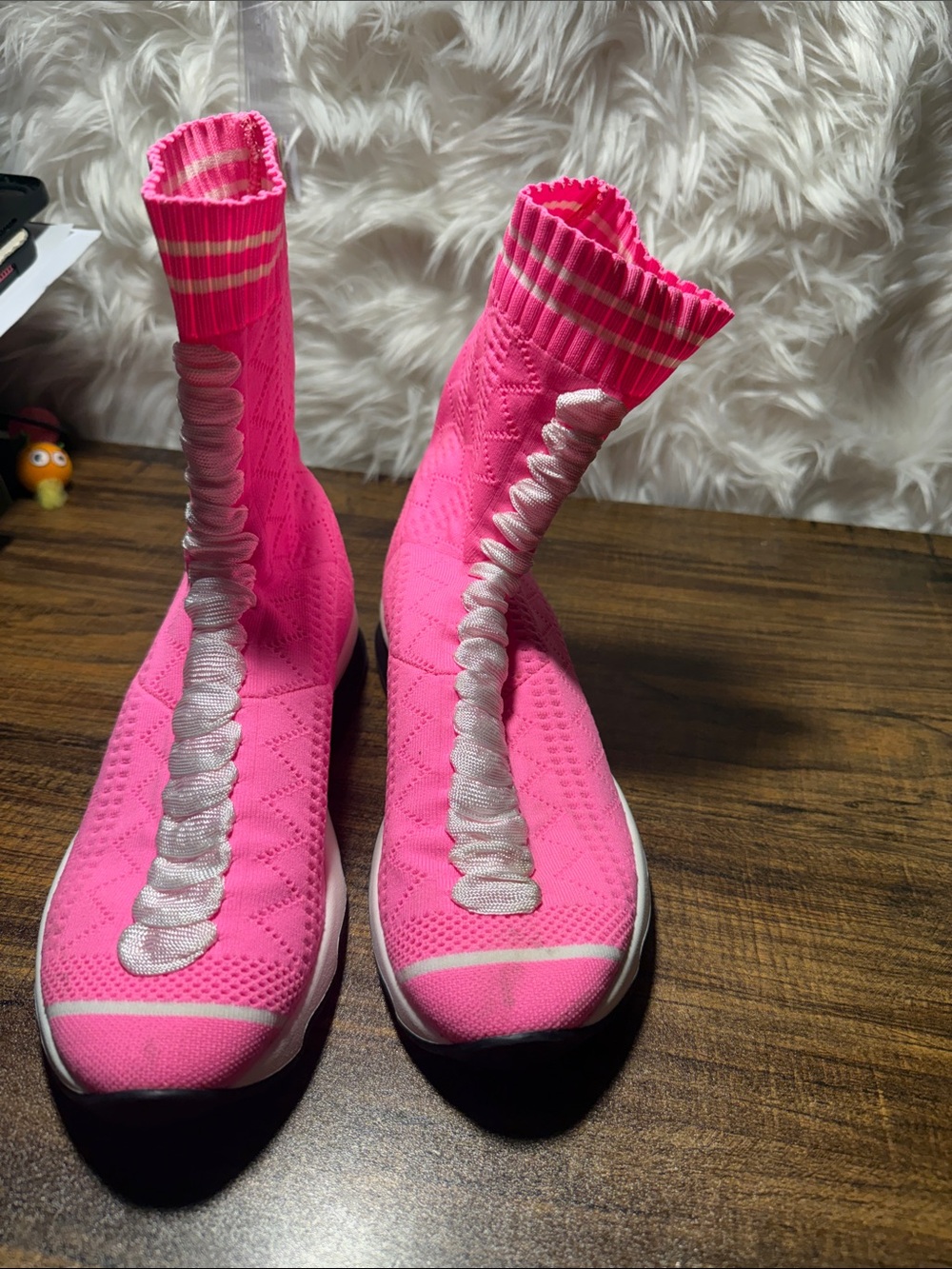Fendi Women's Bright Pink Knit Sock Sneakers with Silver Ribbon